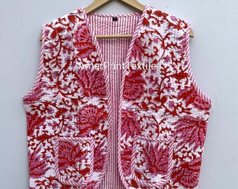 Chaleco acolchado con estampado floral a mano: Chaqueta bohemia de algodón ligero