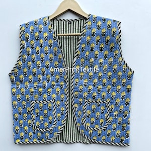 100% Cotton Inside Short Jacket Quilted Block Print Sleeveless Jacket Gifts For Her Partywear Short Waist Coat Women&#39;s Coat