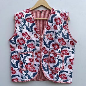 Floral Hand Block Printed Quilted Vest: Lightweight Cotton Boho Jacket