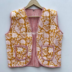 Handmade Block Print Floral Waist Coat Quilted Jacket Short Women Wear New Style Sleeveless Jacket Sustainable Fashion
