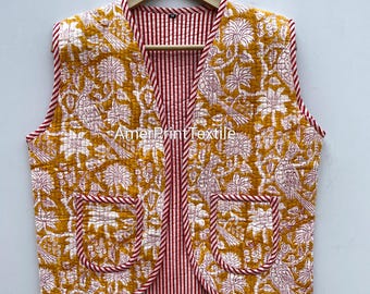 Chaleco acolchado con estampado de bloques hecho a mano: Chaqueta sin mangas de algodón floral