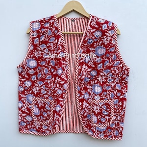 Handmade Cotton Quilted Vest Jacket | Block Print Short Waistcoat | Boho Partywear Women’s Coat Gift