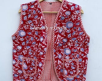 Chaleco acolchado de algodón hecho a mano / Chaleco bohemio con estampado de bloques, regalo para ella.