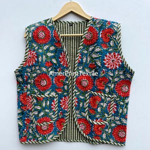 Green Red Hand Block Quilted Jacket | Handmade Cotton Waistcoat | Sleeveless Short Jacket for Women | Boho Fashion Coat | Gifts for Her