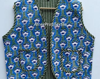 Chaleco de algodón con estampado a mano / Chaqueta acolchada floral india