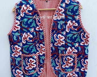 Chaleco acolchado de algodón hecho a mano / Chaleco bohemio con estampado de bloques, chaqueta sin mangas