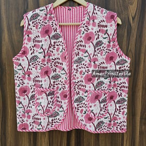 Beautiful Floral Hand Block Printed Quilted Vest Jacket Lightweight Cotton Jacket Women Short Vest Coat Jacket Boho Jacket Gift For Her