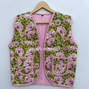 Floral Hand Block Printed Quilted Vest: Lightweight Cotton Boho Jacket