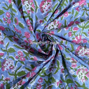 Beautiful Sky Blue Floral Print Fabric 100%Cotton Hand Block Print Indian Fabric by the yard, Flower Indian Cotton Fabric Soft Cotton Fabric