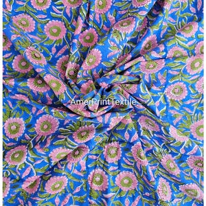 Blue Indian Block Print Fabric, Floral Print Fabric , By the Yard, Dress Fabric,Quilting Fabric,Sewing Fabric,Upholstery Fabric, Soft Cotton