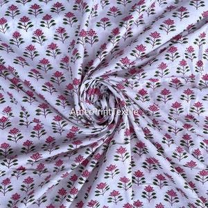 White & Pink Hand Block Print Cotton Fabric – Bohemian Floral Textile for Quilting, Apparel Home Decor