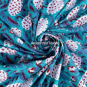 Grüner Baumwollstoff mit Blumenmuster, Blockprint, handgefertigtes Quilt- und Bekleidungsmaterial
