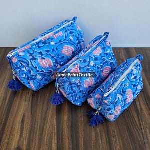 Trousse indienne 100% coton bio imprimé bloc Trousse de toilette Trousse de maquillage Trousse de maquillage matelassée avec fermeture à glissière
