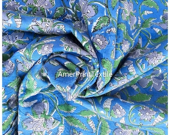 Hand Block Print Cotton Fabric, Blue Floral Voile, By the Yard Dressmaking Cloth