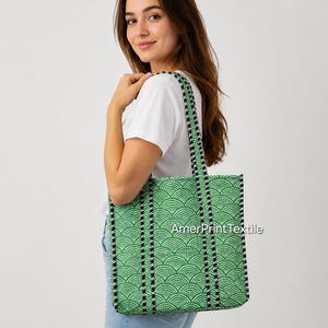 Handmade Green Cotton Tote Bag, Quilted Block Print Shoulder Bag, Large Everyday Tote, Boho Market Bag, Eco Friendly Gift