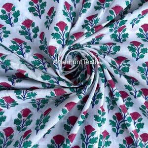 White & Pink Floral Hand Block Print Cotton Fabric – Bohemian Floral Textile for Quilting, Apparel Home Decor