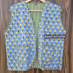 100% Cotton Inside Short Jacket Quilted Block Print Sleeveless Jacket Gifts For Her Partywear Short Waist Coat Women&#39;s Coat