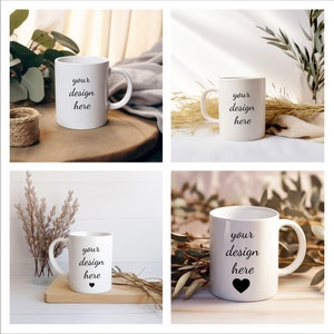May include: Four white ceramic mugs with the text "your design here" on them. The mugs are displayed on different backgrounds with natural elements like dried branches and leaves.