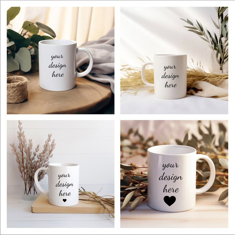 May include: Four white ceramic mugs with the text "your design here" on them. The mugs are displayed on different backgrounds with natural elements like dried branches and leaves.