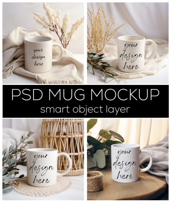 Boho Coffee Cup Mockup Bundle: PSD Mug Mockups (Digital Download)