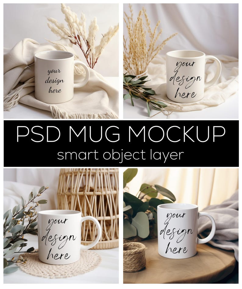May include: Four white ceramic mugs with black text that reads "your design here" on a white background. The mugs are displayed on different backgrounds, including a white blanket, a wooden surface, and a woven basket.
