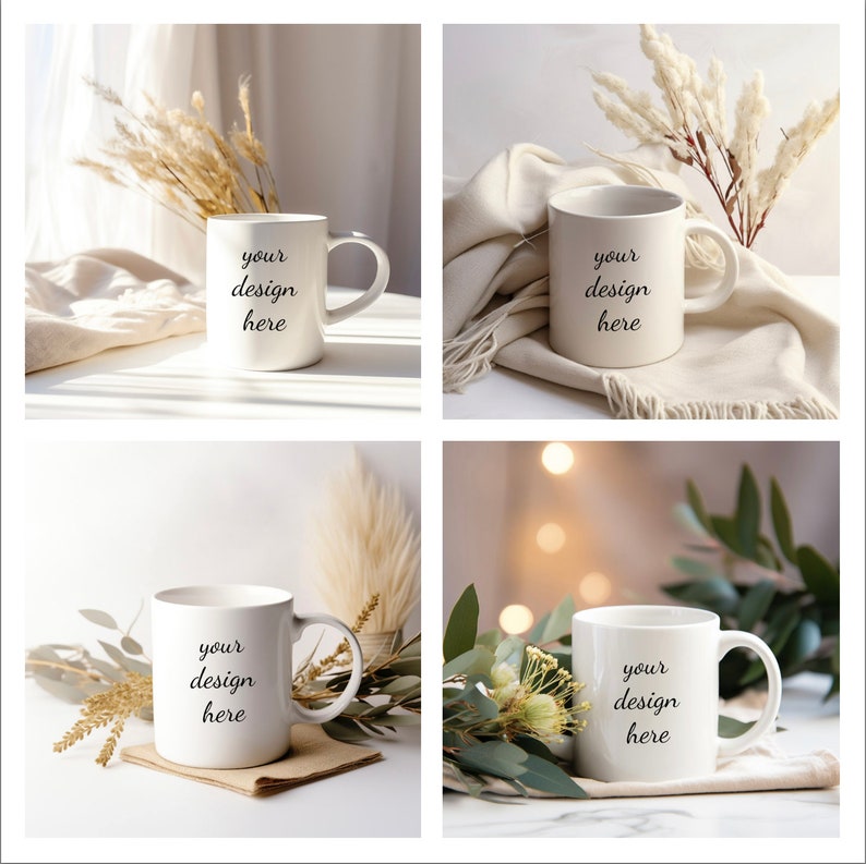 May include: Four white ceramic mugs with the text "your design here" on a white background. The mugs are surrounded by various natural elements, including dried grasses, branches, and greenery.