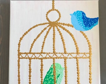 Birds and Cage Acrylic Painting on 8x10 inch Canvas "The One That Got Away"