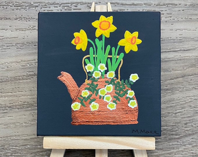 Featured listing image: Acrylic Painting on Mini Canvas with Display Easel - “Flowers in Copper Kettle”