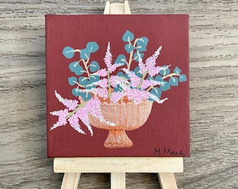 Acrylic Painting on Miniature Canvas with Display Easel - “Flowers in Copper Compote”