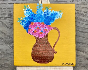 Painting of Floral Bouquet in Metallic Hammered Copper Vase on Mini Canvas with Display Easel