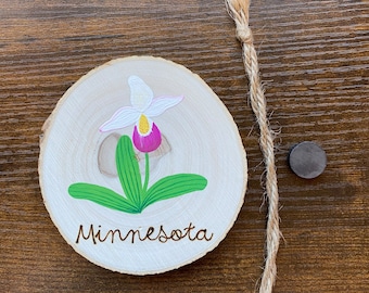 Minnesota State Flower Painting on Wood Round - magnet or hanging ornament