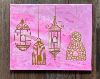 Birdcage Acrylic Painting “Members of the Gilded Guild”