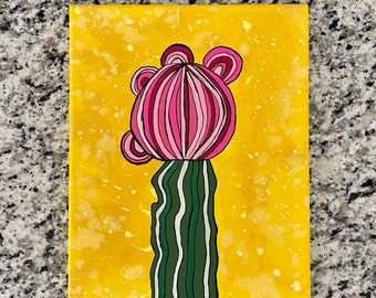 Acrylic and Ink Cactus Painting on 8x10 inch Canvas - “Moon Cactus”