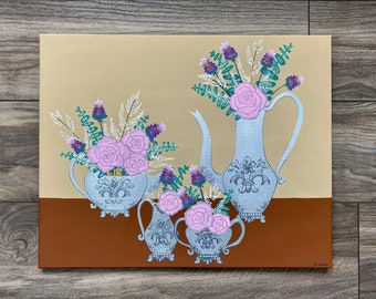Acrylic Floral Painting on 16x20 inch Canvas - “Flowers in Silver Tea Set”