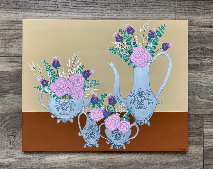 Featured listing image: Acrylic Floral Painting on 16x20 inch Canvas - “Flowers in Silver Tea Set”