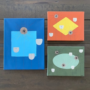 Set of Three Mid Century Modern Style Acrylic Paintings - “Atomic Garden 1-3”