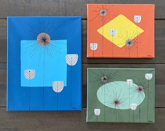 Set of Three Mid Century Modern Style Acrylic Paintings - “Atomic Garden 1-3”