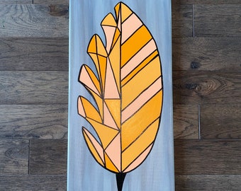Orange Geometric Feather Mixed Media Painting on 12x24 inch Canvas