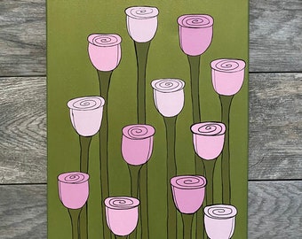 Retro Style Long Stem Roses in Acrylic and Alcohol Ink on 11x14 inch Canvas “Kisses in the Garden”