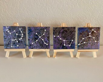 Set of Four Constellation Paintings on Miniature Canvas with Display Easels