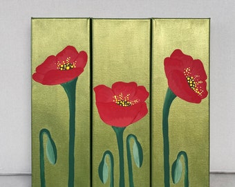Trio of Poppy Paintings on Gallery Wrapped 4x12 inch Canvas - “Poppy Triptych”