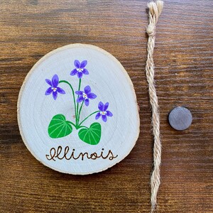 May include: A wooden round slice with a painted purple flower and green leaves. The word "Illinois" is written in cursive on the wood.