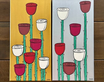 Pair of 7x14 inch Metallic Rose Paintings