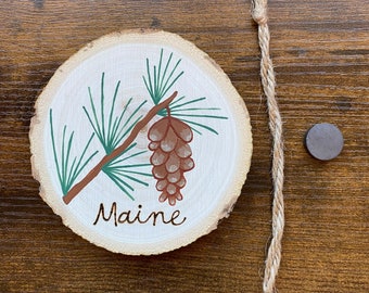 Maine State Flower Painting on Wood Round - magnet or hanging ornament