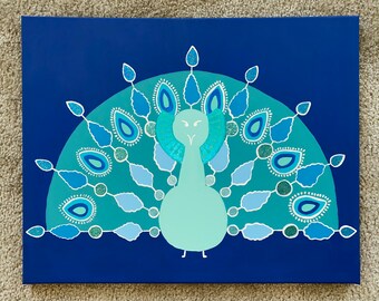 Acrylic Peacock Painting on 16x20 inch Canvas - “Showtime”