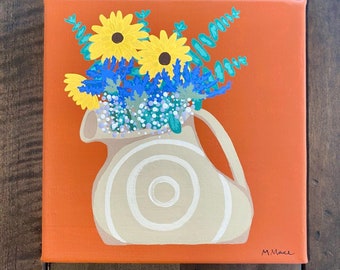 Wildflower Bouquet in Vase - acrylic painting on 6x6 inch canvas