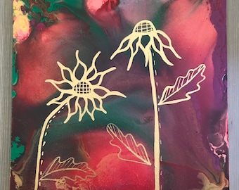 Acrylic Pour Painting on 12x12 inch Wood Panel Detailed with Alcohol Ink "Echinacea"