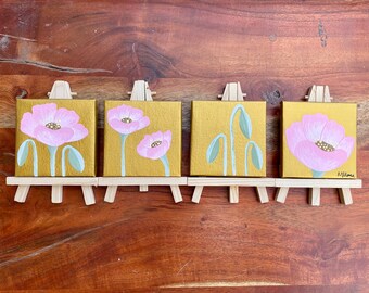 Set of Four Miniature Acrylic Paintings and Display Easels - “Sweet Poppies”