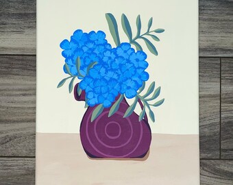 Blue Hydrangeas in Purple Vase - acrylic on 11x14 inch canvas