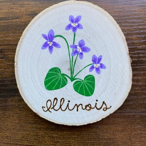 May include: A wooden round disc with a painted image of purple violets with green leaves and the word "Illinois" burned into the wood.